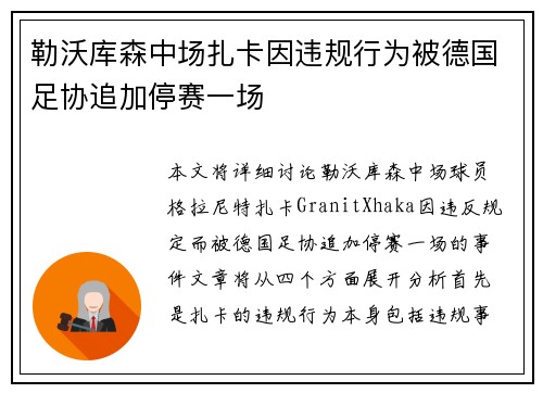勒沃库森中场扎卡因违规行为被德国足协追加停赛一场