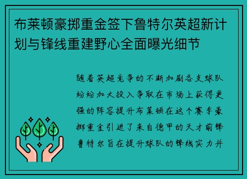 布莱顿豪掷重金签下鲁特尔英超新计划与锋线重建野心全面曝光细节