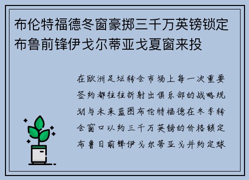 布伦特福德冬窗豪掷三千万英镑锁定布鲁前锋伊戈尔蒂亚戈夏窗来投